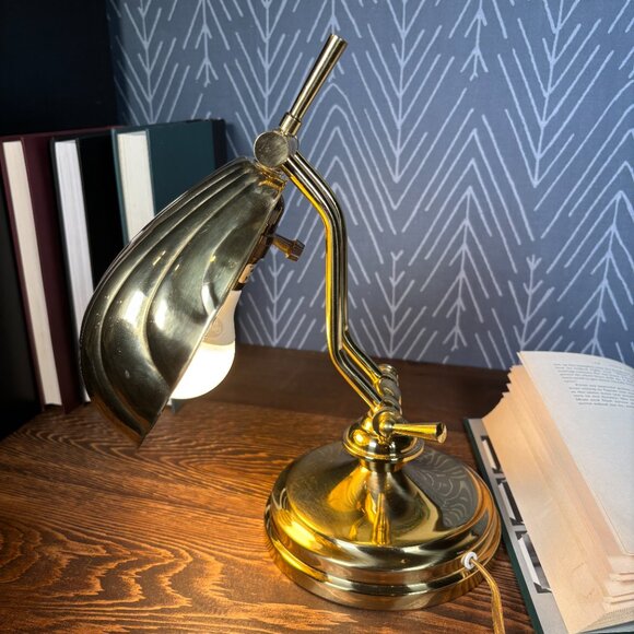 Vintage Brass Shell Desk Lamp Adjustable Reading Light with Scalloped Shade - Picture 6 of 16